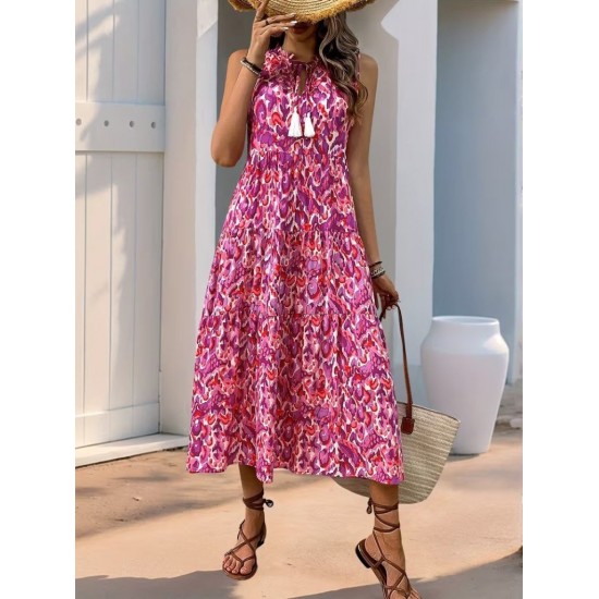 Kadın Askılı Yakası Fırfırlı Bağcıklı Desenli Uzun Süprem Elbise , 32228