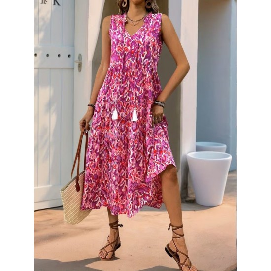 Kadın Askılı Yakası Fırfırlı Bağcıklı Desenli Uzun Süprem Elbise , 32228