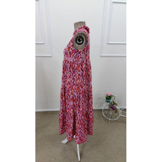 Kadın Askılı Yakası Fırfırlı Bağcıklı Desenli Uzun Süprem Elbise , 32228