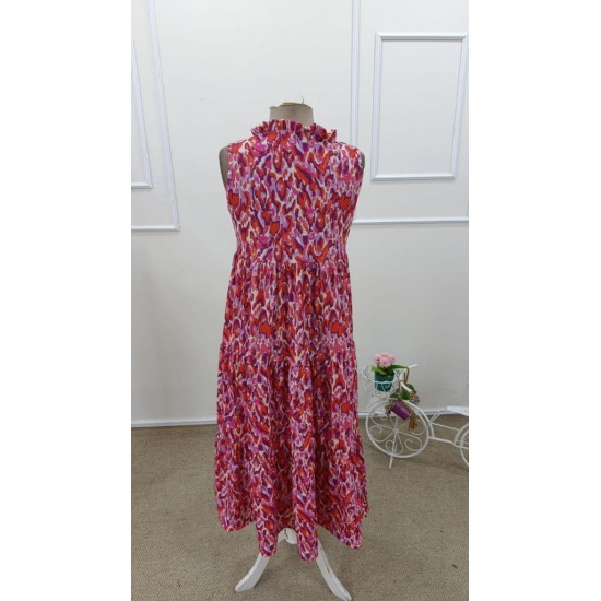 Kadın Askılı Yakası Fırfırlı Bağcıklı Desenli Uzun Süprem Elbise , 32228