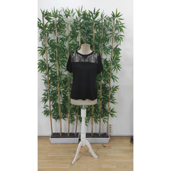 Kadın Kısa Kollu Yuvarlak Yaka ön Dantel Detaylı Viskon Bluz, 32227