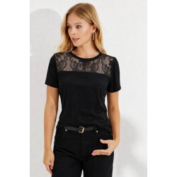 Kadın Kısa Kollu Yuvarlak Yaka ön Dantel Detaylı Viskon Bluz, 32227 Kadın Kısa Kollu Yuvarlak Yaka ön Dantel Detaylı Viskon Bluz, 32227