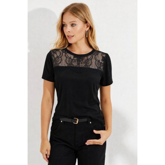Kadın Kısa Kollu Yuvarlak Yaka ön Dantel Detaylı Viskon Bluz, 32227
