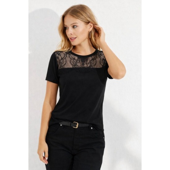 Kadın Kısa Kollu Yuvarlak Yaka ön Dantel Detaylı Viskon Bluz, 32227