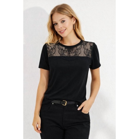 Kadın Kısa Kollu Yuvarlak Yaka ön Dantel Detaylı Viskon Bluz, 32227