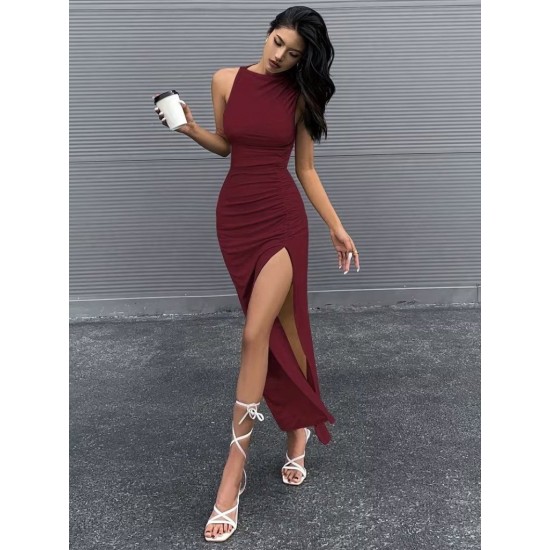 Kadın Omuzlardan Acık Yandan Buzgulu Yırtmaçlı Uzun Dalgıç Elbise, 32219