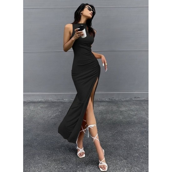 Kadın Omuzlardan Acık Yandan Buzgulu Yırtmaçlı Uzun Dalgıç Elbise, 32217