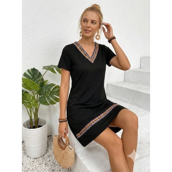 Kadın Kısa Kollu V Yakalı Etnik Desen şerit Detaylı Viskon Elbise, 32238