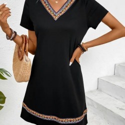 Kadın Kısa Kollu V Yakalı Etnik Desen şerit Detaylı Viskon Elbise, 32238