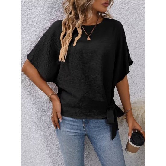 Kadın Kısa Kollu Bisiklet Yaka Yandan Bağcıklı Aerobin Bluz , 32243