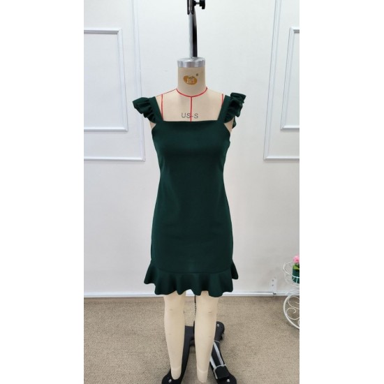 Kadın Askılı Kare Yakalı Eteği Fırfırlı Kısa Ithal Krep Elbise , 32241