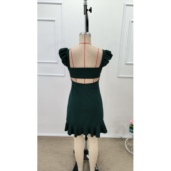 Kadın Askılı Kare Yakalı Eteği Fırfırlı Kısa Ithal Krep Elbise , 32241