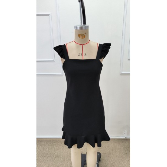 Kadın Askılı Kare Yakalı Eteği Fırfırlı Kısa Ithal Krep Elbise , 32239