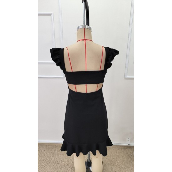 Kadın Askılı Kare Yakalı Eteği Fırfırlı Kısa Ithal Krep Elbise , 32239