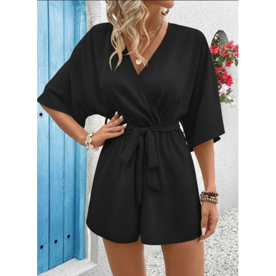 Kadın Kısa Kollu Kruvaze Yaka Belden Kuşaklı Kısa Aerobin Tulum , 32247