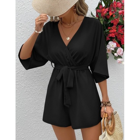 Kadın Kısa Kollu Kruvaze Yaka Belden Kuşaklı Kısa Aerobin Tulum , 32247