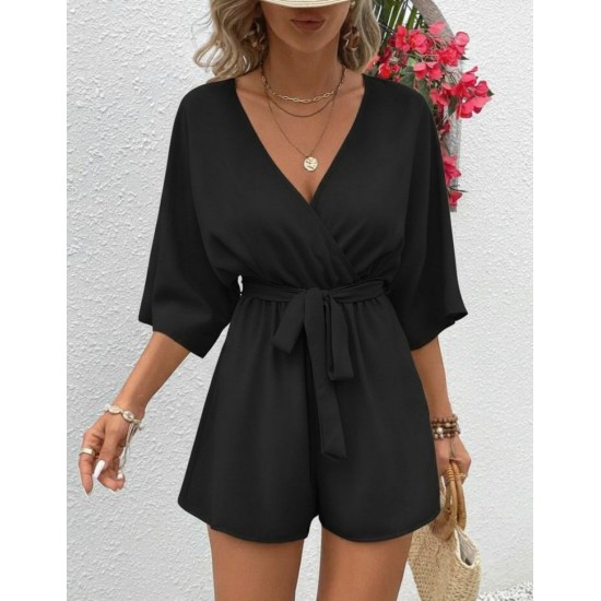 Kadın Kısa Kollu Kruvaze Yaka Belden Kuşaklı Kısa Aerobin Tulum , 32247