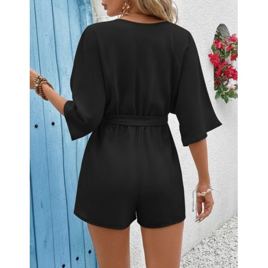 Kadın Kısa Kollu Kruvaze Yaka Belden Kuşaklı Kısa Aerobin Tulum , 32247