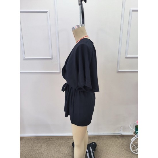 Kadın Kısa Kollu Kruvaze Yaka Belden Kuşaklı Kısa Aerobin Tulum , 32247