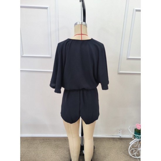 Kadın Kısa Kollu Kruvaze Yaka Belden Kuşaklı Kısa Aerobin Tulum , 32247