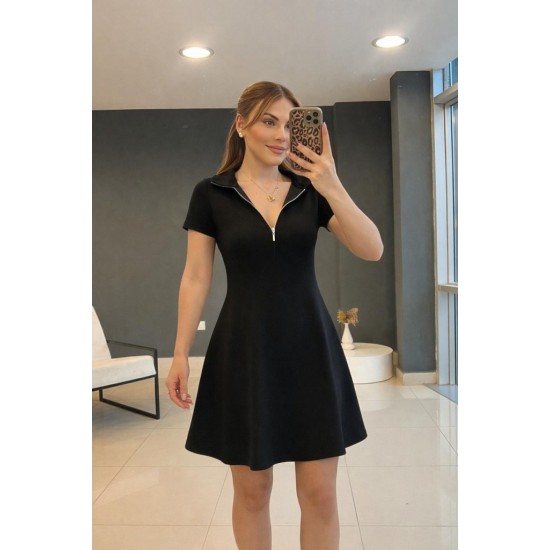 Kadın Kısa Kollu Yakası Fermuarlı Kısa Viskon Iki Iplik Elbise , 32250