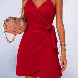 Kadın Ip Askılı Kruvaze Yakalı Belden Kuşaklı Kısa Janjan Krep Elbise, 32258