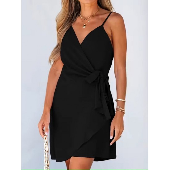 Kadın Ip Askılı Kruvaze Yakalı Belden Kuşaklı Kısa Janjan Krep Elbise, 32255 Kadın Ip Askılı Kruvaze Yakalı Belden Kuşaklı Kısa Janjan Krep Elbise, 32255