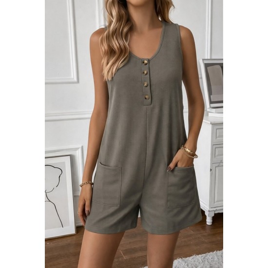 Kadın Askılı Yuvarlak Yaka önden Düğmeli Waffle Kısa Tulum, 32253