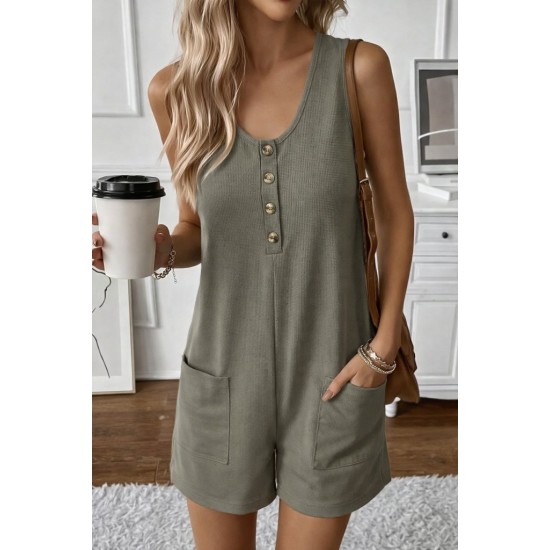 Kadın Askılı Yuvarlak Yaka önden Düğmeli Waffle Kısa Tulum, 32253