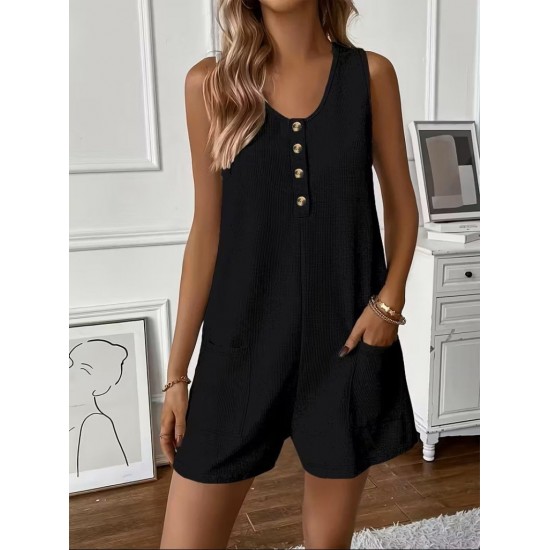 Kadın Askılı Yuvarlak Yaka önden Düğmeli Waffle Kısa Tulum, 32251