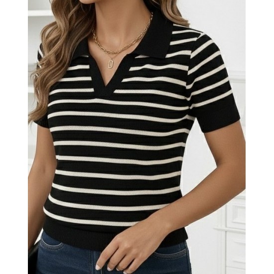 Kadın Kısa Kol Polo Yaka çizgi Desen Triko Bluz, 32260