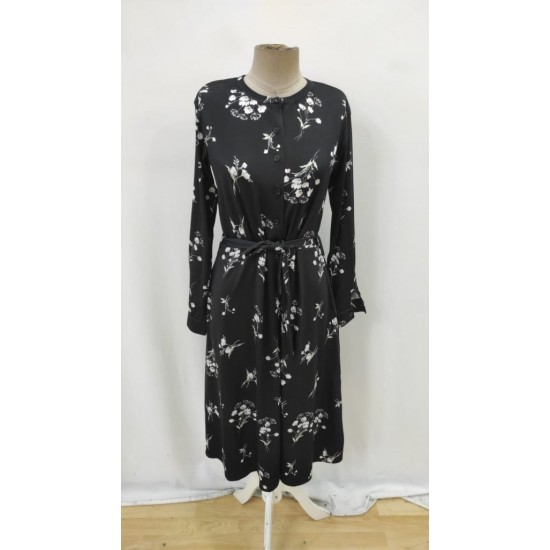 Kadın Uzun Kollu Hakim Yakalı Düğmeli Kuşaklı Desenli Maxi Mikro Süprem Elbise, 32261