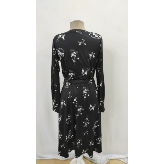 Kadın Uzun Kollu Hakim Yakalı Düğmeli Kuşaklı Desenli Maxi Mikro Süprem Elbise, 32261