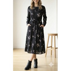 Kadın Uzun Kollu Hakim Yakalı Düğmeli Kuşaklı Desenli Maxi Mikro Süprem Elbise, 32261 Kadın Uzun Kollu Hakim Yakalı Düğmeli Kuşaklı Desenli Maxi Mikro Süprem Elbise, 32261