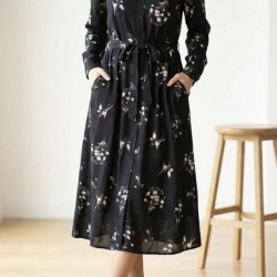 Kadın Uzun Kollu Hakim Yakalı Düğmeli Kuşaklı Desenli Maxi Mikro Süprem Elbise, 32261