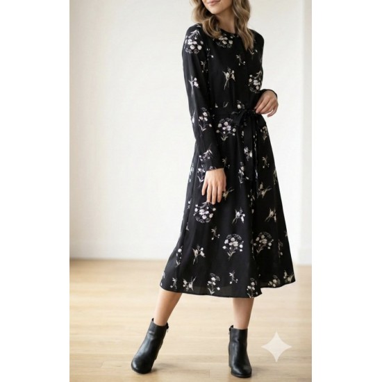 Kadın Uzun Kollu Hakim Yakalı Düğmeli Kuşaklı Desenli Maxi Mikro Süprem Elbise, 32261