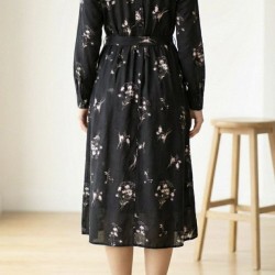 Kadın Uzun Kollu Hakim Yakalı Düğmeli Kuşaklı Desenli Maxi Mikro Süprem Elbise, 32261