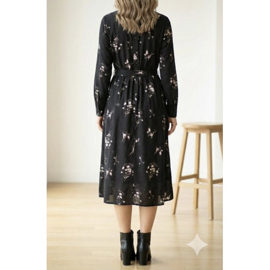 Kadın Uzun Kollu Hakim Yakalı Düğmeli Kuşaklı Desenli Maxi Mikro Süprem Elbise, 32261