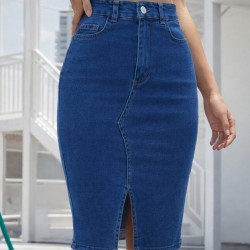 Kadın Yüksek Bel önden Yırtmaçlı Kısa Kot Etek, 32263