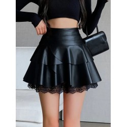 Kadın Yüksek Bel Fırfırlı Dantelli Kısa Deri Etek, 32262 Kadın Yüksek Bel Fırfırlı Dantelli Kısa Deri Etek, 32262