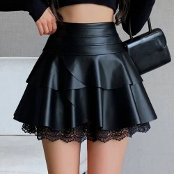 Kadın Yüksek Bel Fırfırlı Dantelli Kısa Deri Etek, 32262