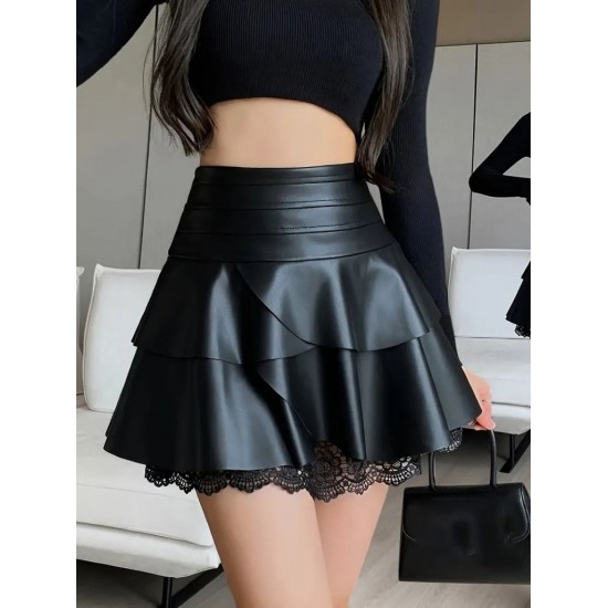 Kadın Yüksek Bel Fırfırlı Dantelli Kısa Deri Etek, 32262