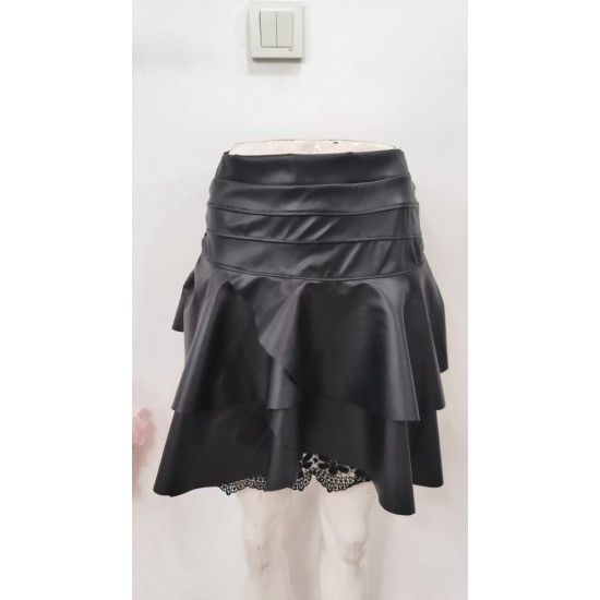 Kadın Yüksek Bel Fırfırlı Dantelli Kısa Deri Etek, 32262