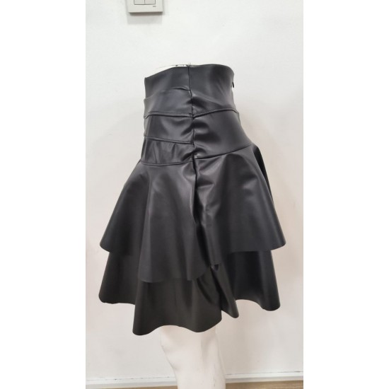 Kadın Yüksek Bel Fırfırlı Dantelli Kısa Deri Etek, 32262