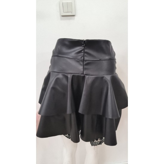 Kadın Yüksek Bel Fırfırlı Dantelli Kısa Deri Etek, 32262