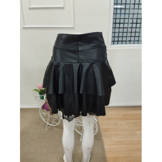 Kadın Yüksek Bel Fırfırlı Dantelli Kısa Deri Etek, 32262