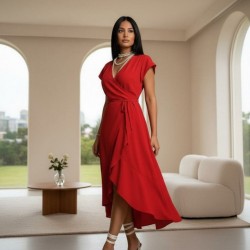 Kadın Kısa Kollu Kruvaze Yakalı Belden Kuşaklı Midi Aerobin Elbise , 32266