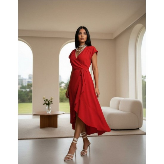 Kadın Kısa Kollu Kruvaze Yakalı Belden Kuşaklı Midi Aerobin Elbise , 32266