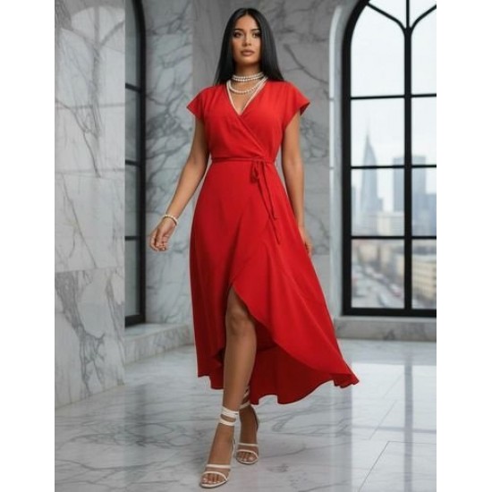 Kadın Kısa Kollu Kruvaze Yakalı Belden Kuşaklı Midi Aerobin Elbise , 32266