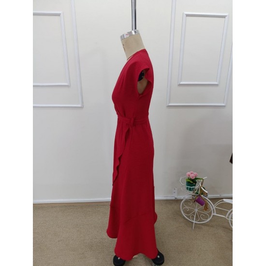 Kadın Kısa Kollu Kruvaze Yakalı Belden Kuşaklı Midi Aerobin Elbise , 32266